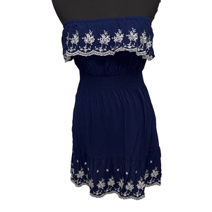 Rue21 Navy Blue Strapless Mini Dress with White Embroidery. Boho Festival